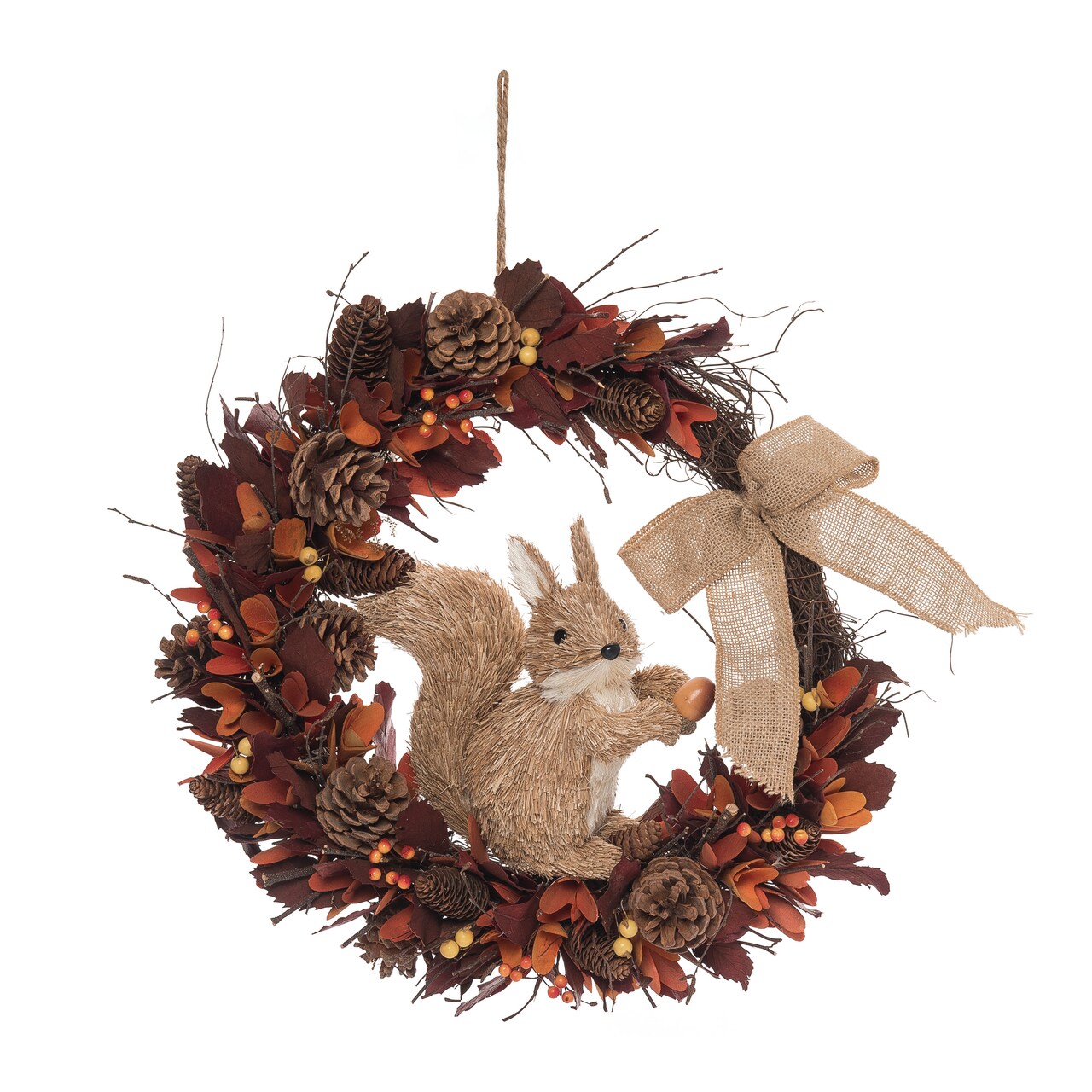 Transpac Natural Fiber Multicolor Harvest Squirrel Wreath 22.83" - Fall Decor, Artificial Wreath, Indoor Use, Spot Clean, 22.83" x 19.69"